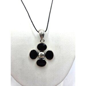 Black Oval Pendant Necklace With Silver Accents On Adjustable Black Cord